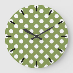 White polka dots on olive green large clock