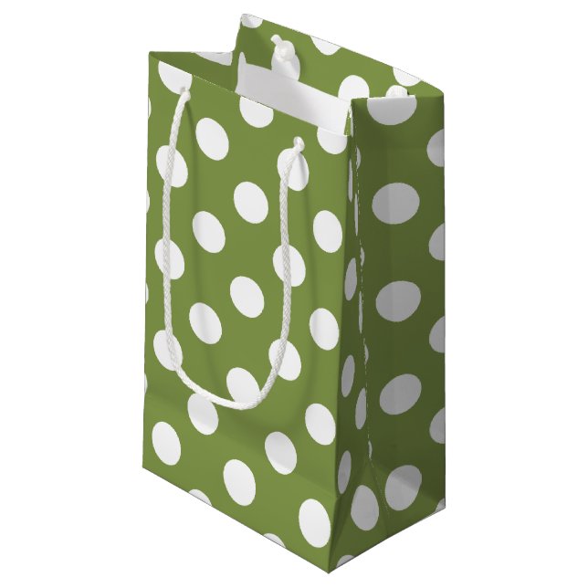 White polka dots on olive green small gift bag (Front Angled)