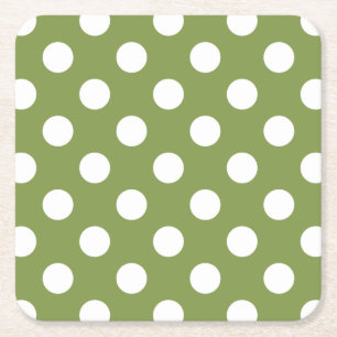 White polka dots on olive green square paper coaster