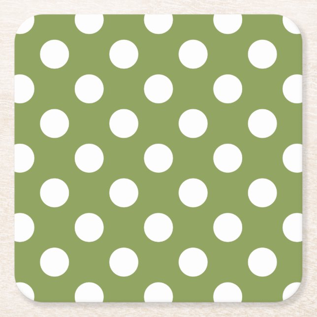 White polka dots on olive green square paper coaster (Front)