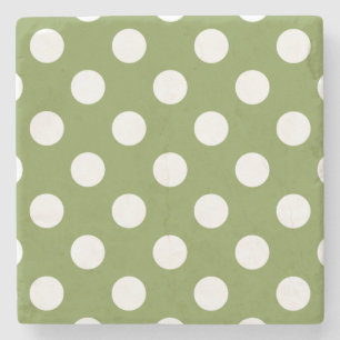 White polka dots on olive green stone coaster