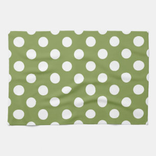 White polka dots on olive green tea towel
