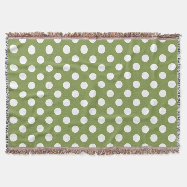 White polka dots on olive green throw blanket (Front)