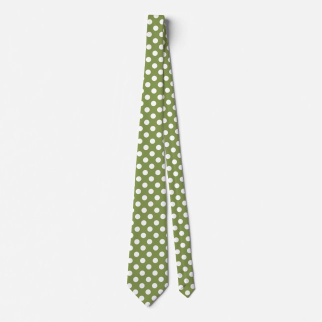 White polka dots on olive green tie (Front)