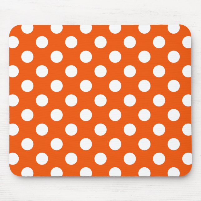 White polka dots on orange mouse mat (Front)