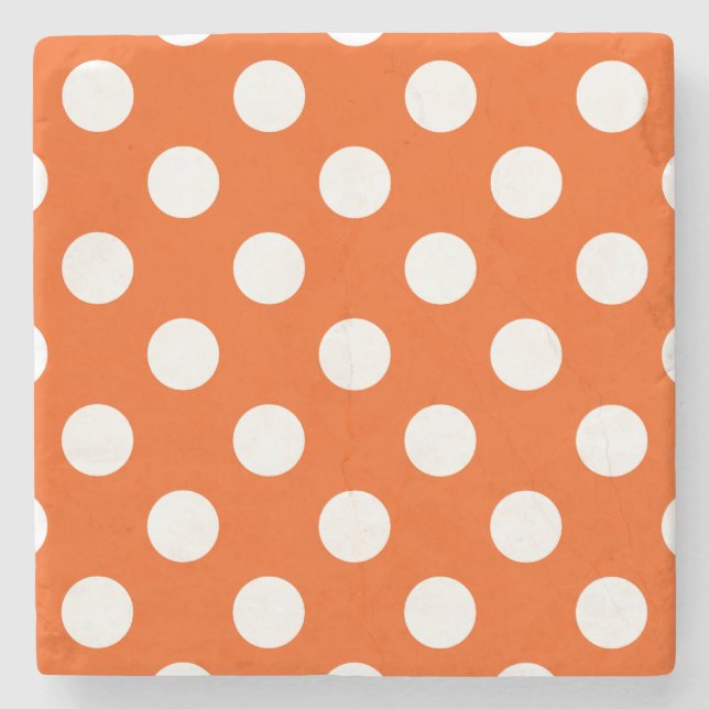 White polka dots on orange stone coaster (Front)