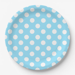 White polka dots on pale blue paper plate