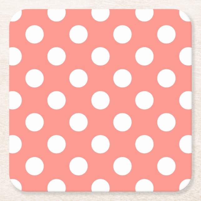 White polka dots on peach square paper coaster (Front)