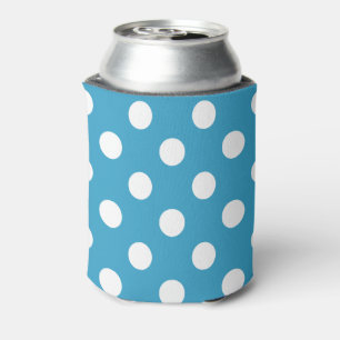 White Polka Dots on Peacock Blue Background Can Cooler