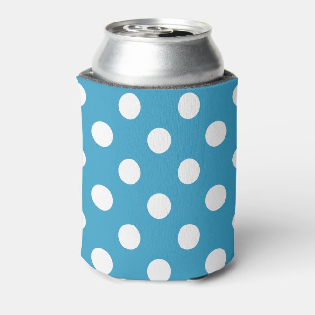 White Polka Dots on Peacock Blue Background Can Cooler (Can Back)