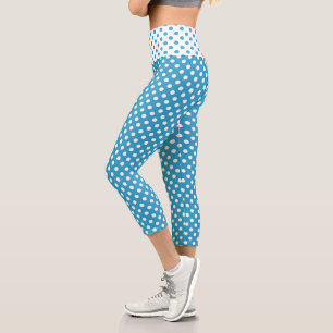 White Polka Dots on Peacock Blue Background Capri Leggings