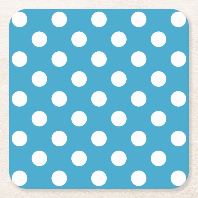 White Polka Dots on Peacock Blue Background Square Paper Coaster (Front)