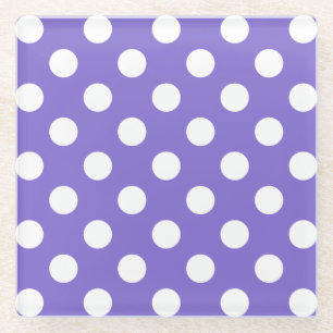 White polka dots on periwinkle glass coaster