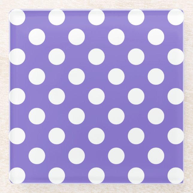 White polka dots on periwinkle glass coaster (Front)