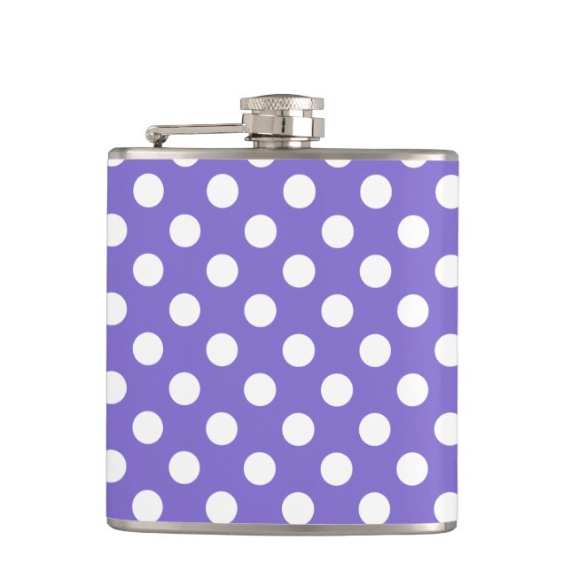 White polka dots on periwinkle hip flask (Front)