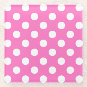 White polka dots on pink glass coaster