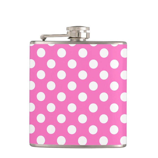 White polka dots on pink hip flask (Front)