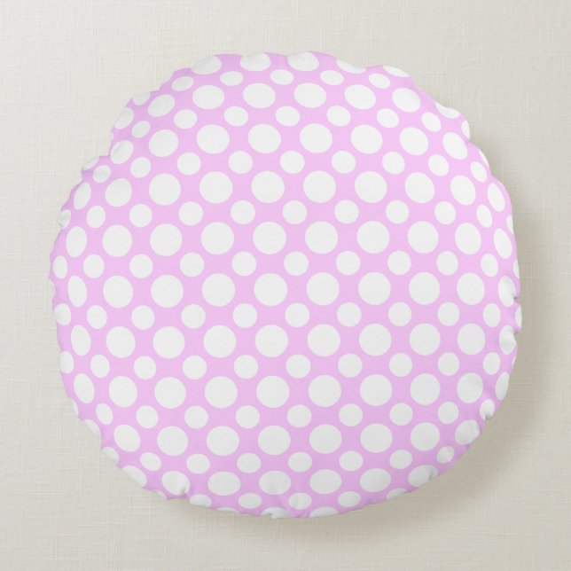 White Polka Dots on Pink Round Pillow (Front)