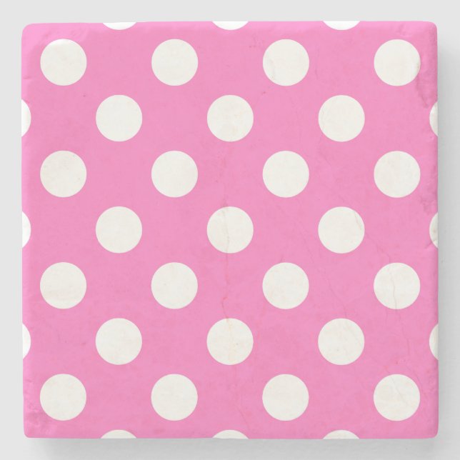 White polka dots on pink stone coaster (Front)