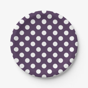 White polka dots on plum purple paper plate