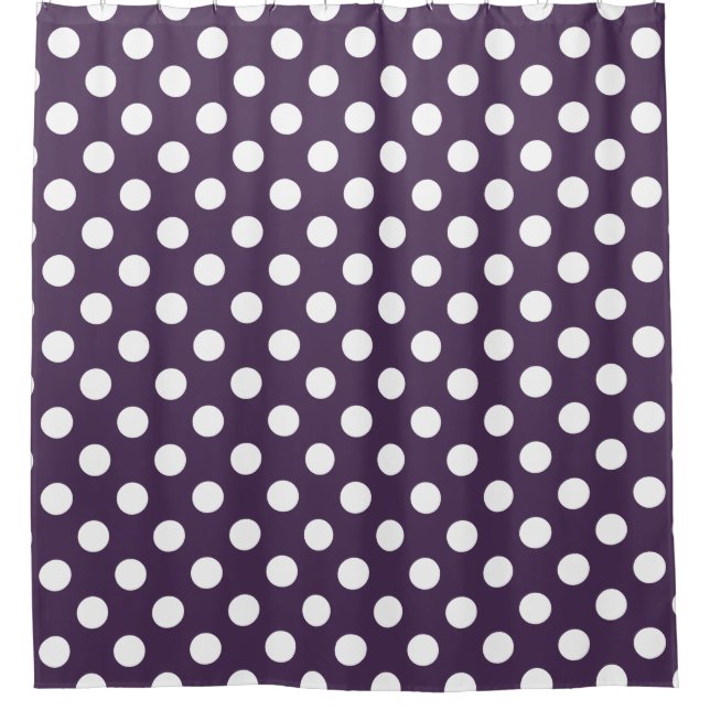 White polka dots on plum purple shower curtain (Front)
