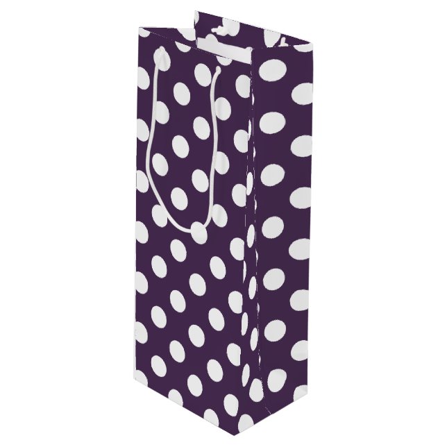 White polka dots on plum purple wine gift bag (Front Angled)