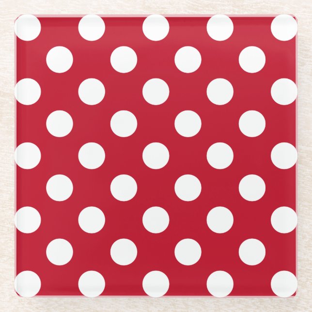 White polka dots on red glass coaster (Front)