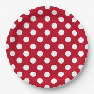 White polka dots on red paper plate
