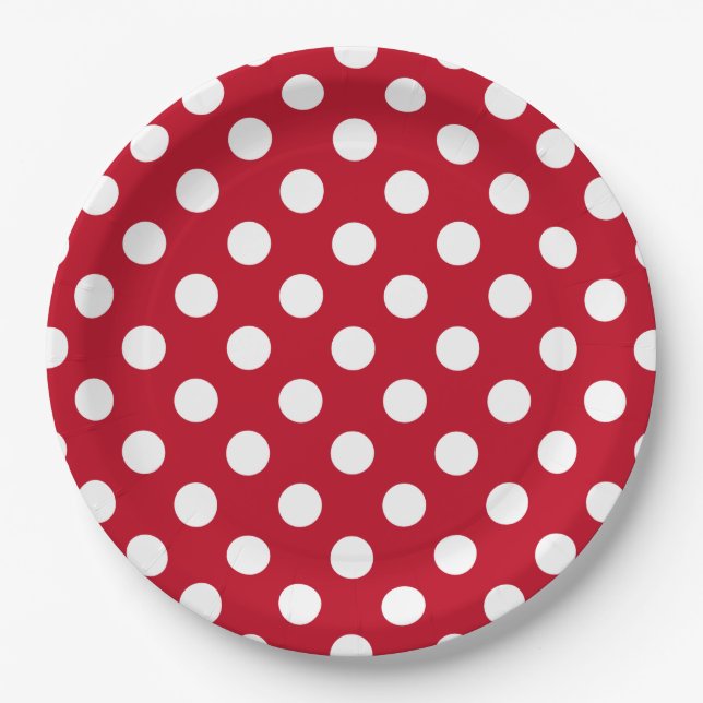 White polka dots on red paper plate (Front)