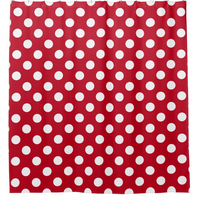 White polka dots on red shower curtain (Front)
