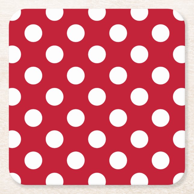 White polka dots on red square paper coaster (Front)