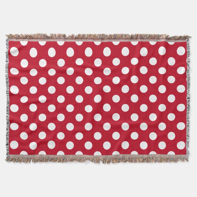 White polka dots on red throw blanket (Front)