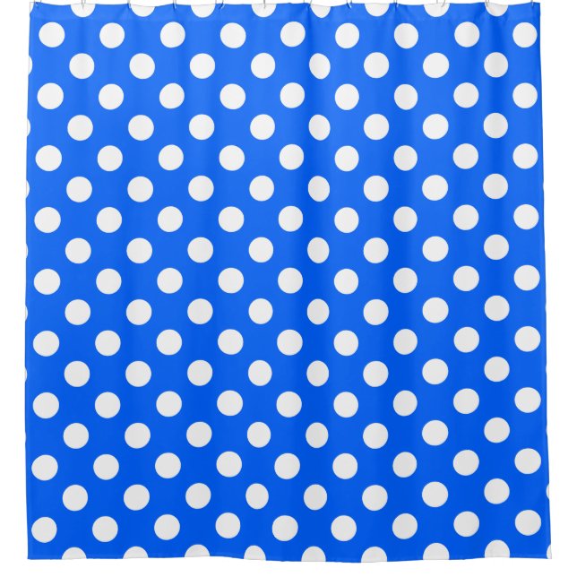 White polka dots on royal blue shower curtain (Front)