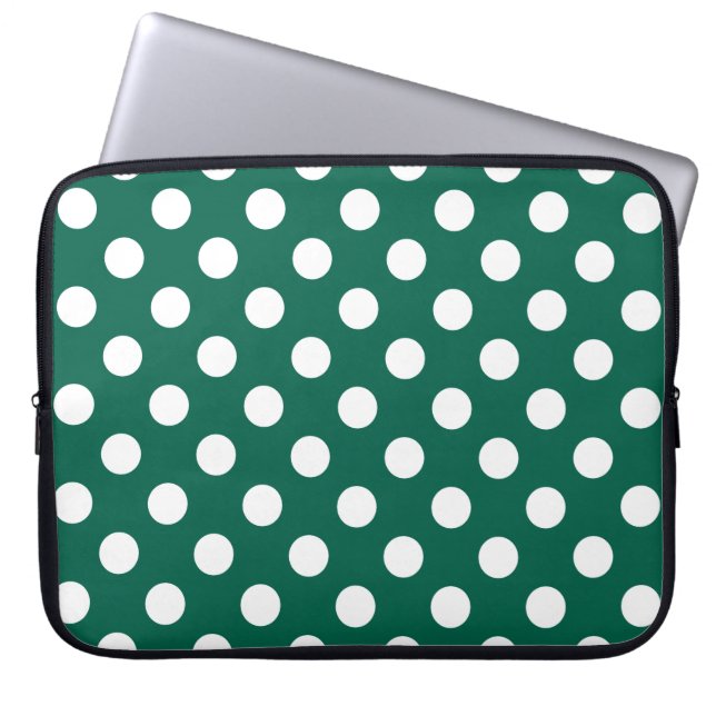 White polka dots on sage green laptop sleeve (Front)