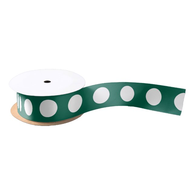 White polka dots on sage green satin ribbon (Spool)