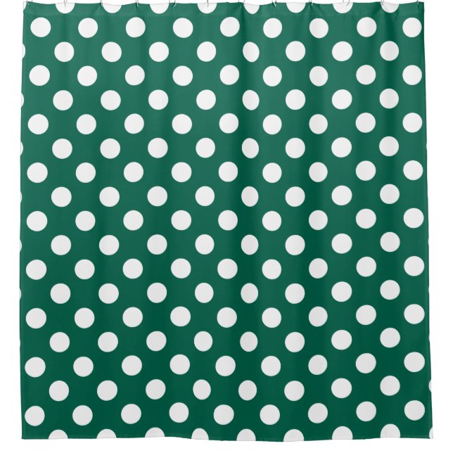 White polka dots on sage green shower curtain (Front)