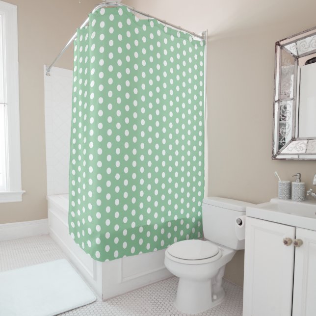 White Polka Dots on Sage Green  Shower Curtain (In Situ)