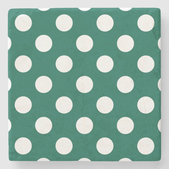 White polka dots on sage green stone coaster (Front)