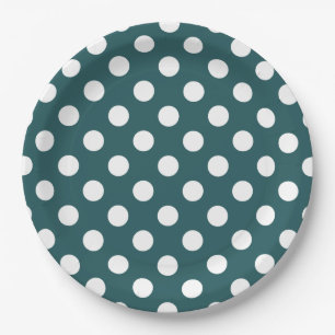 White polka dots on teal paper plate