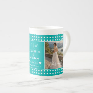 White Polka Dots on Teal – Personalised Wedding  Bone China Mug