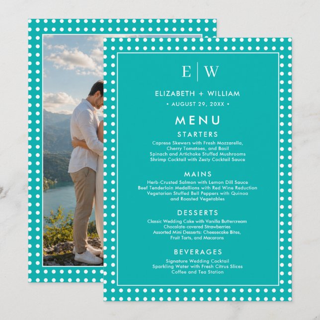White Polka Dots on Teal – Personalised Wedding Menu (Front/Back)