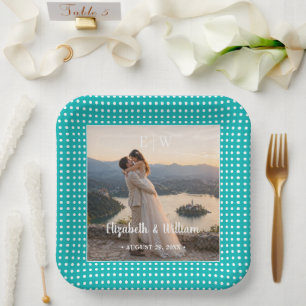 White Polka Dots on Teal – Personalised Wedding Paper Plate