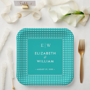 White Polka Dots on Teal – Personalised Wedding Paper Plate
