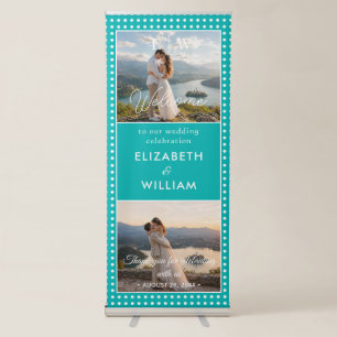 White Polka Dots on Teal – Personalised Wedding Retractable Banner