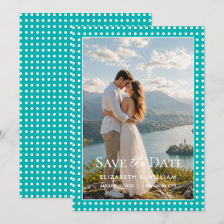 White Polka Dots on Teal – Personalised Wedding Save The Date
