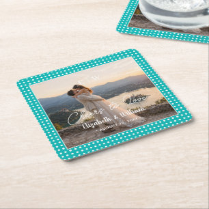 White Polka Dots on Teal – Personalised Wedding Square Paper Coaster