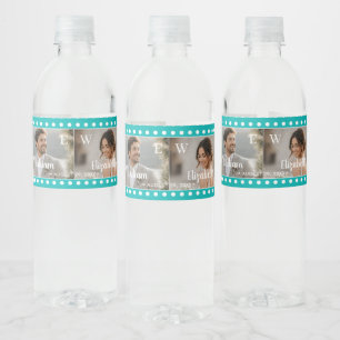 White Polka Dots on Teal – Personalised Wedding Water Bottle Label
