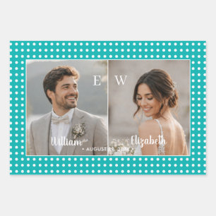 White Polka Dots on Teal – Personalised Wedding Wrapping Paper Sheet