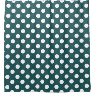 White polka dots on teal shower curtain