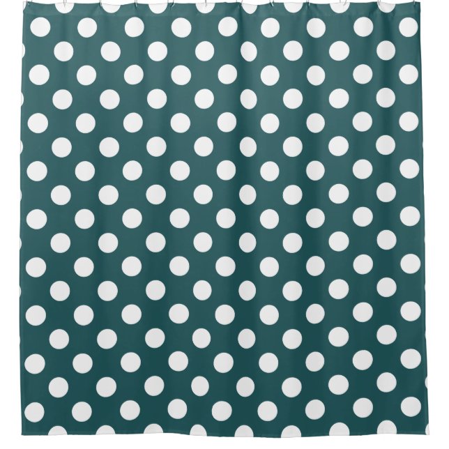 White polka dots on teal shower curtain (Front)